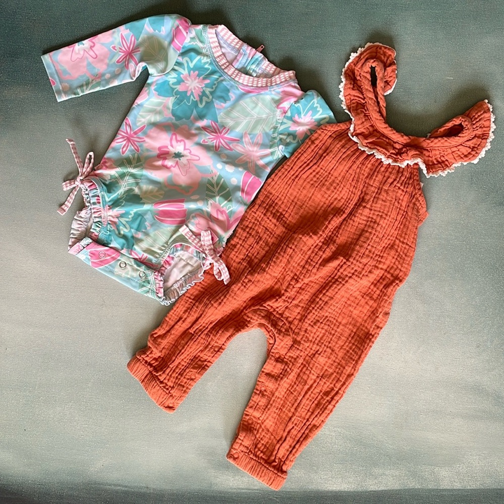 Ruffle Butts One Piece Rashguard Baby Bathing Suit + Cat & Jack Cotton Jumpsuit